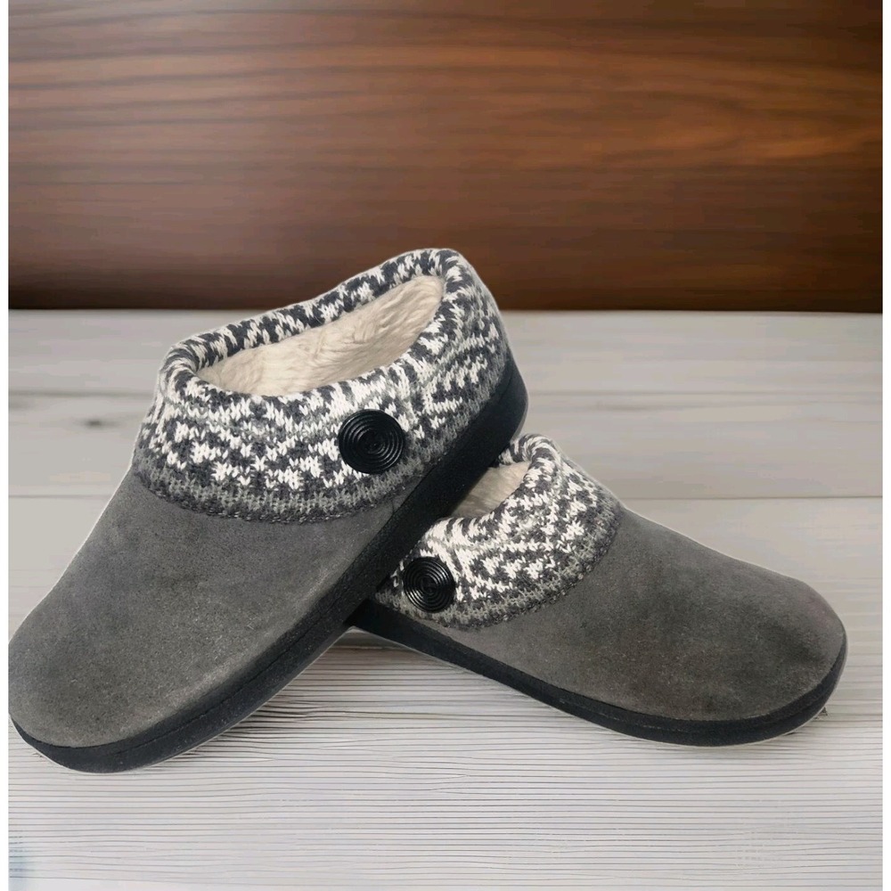 CLARKS Faire Isle Slippers Womens Size 7 Grey Suede Sweater Fur Lined Clog